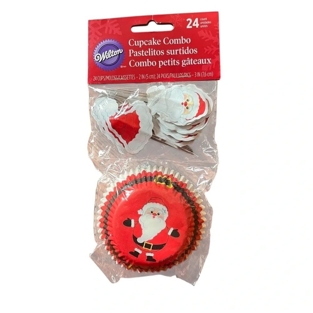 Wilton Festive Santa Cupcake Liner/Topper toothpick Combo Set - 24 ct 2 IN DIA